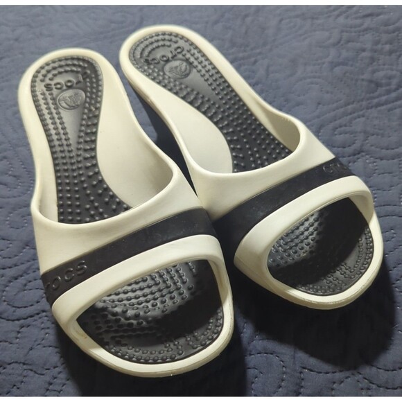 Shoes - Crocs Sassari Wedge Sandal Heels Black White Women's Size 9 Slip On Casual Style